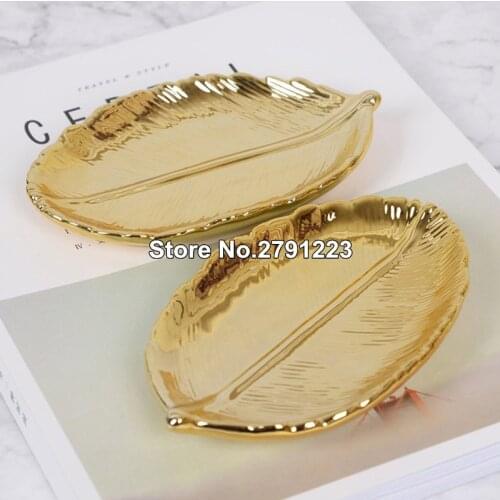 Decorative Gold Leaf Ceramic Plate Dish Porcelain Candy Trinket Dish Jewelry Fruit Serving Tray Storage Plate Crockery Tableware