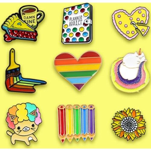 Rainbow series Heart Brush Pencil Brooch Colourful DAMN FINE Pie Coffee Pizza book flower Enamel pins Badges for Women Jewelry