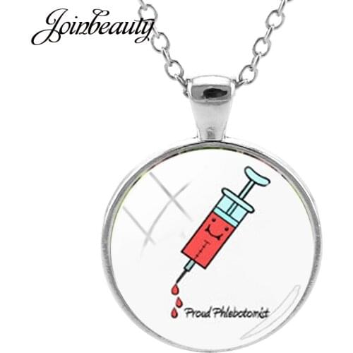 JOINBEAUTY Syringe Stethoscope Heart Pattern Necklaces Handmade Round Glass Dome Pendant Necklace Charm Nurse Jewelry NT273