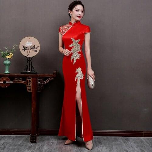 Chinese red wedding party dress modern qipao long women fishtail cheongsam Traditional Vestido Oriental gown
