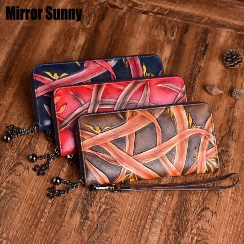 New Fashion Embossed Womens Wallet First Layer Cowhide Genuine Leather Zipper Purse Large Capacity Ladies Clutch Cellphone Bag