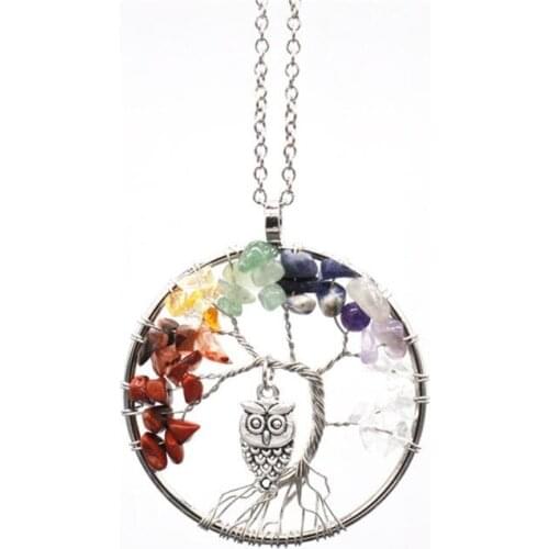 Wholesale 12pcs Noctua Round Tree Of Life Pendant Necklace Red Jaspers Natural Stone Crystal Quartz Amulet Collar Jewelry Free