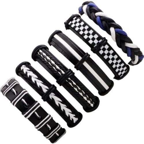 Wholesale Black White Braided Leather Bracelet Fashion Adjustable Multilayer Wrap Bangle for Men Women Personality Weave Jewelry