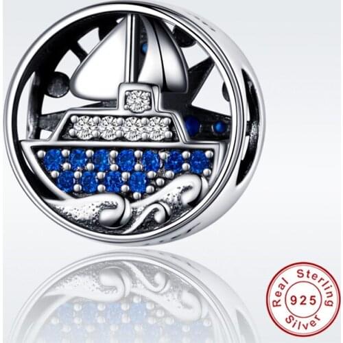 Fit Europe Bracelet Original 925 Sterling Silver Blue CZ Sailing Trip Boat Beads S925 Ocean Pirate Ship Charms Pendant