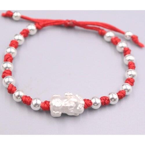 Real 999 Silver Bracelet For Women Girl Female Pixiu and Smooth Beads Bracelet 16-19cmL Adjustable Gift