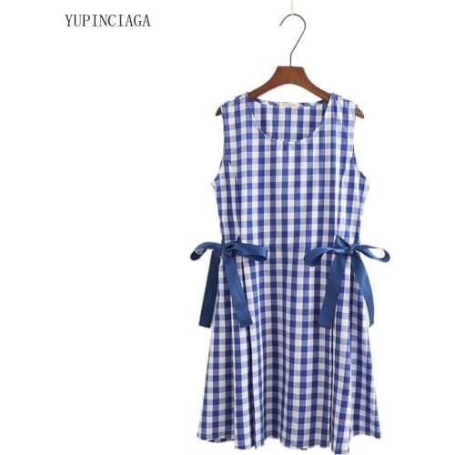 Korean Casual Dresses Summer 2021 Women Bow-Knot Plaid Skirts Sleeveless Mid-Length Loose Dress Female 2117821