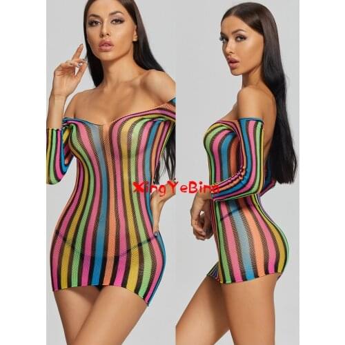 Rainbow Long Sleeve Sexy And Provocative Womens Pajamas Hip Wrap Net Sexy Uniform Sexy See-Through Skirt