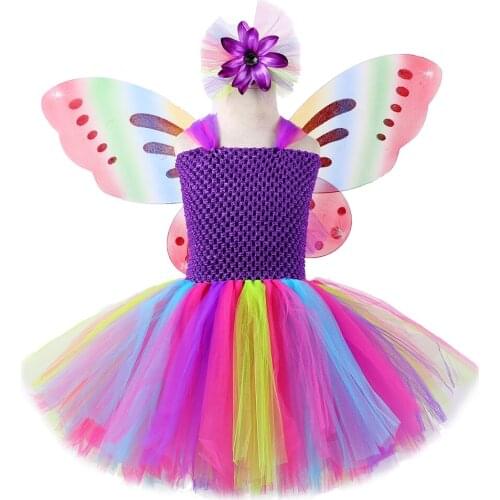 Rainbow Fairy Tutu Dress for Girls Kids Halloween Costumes with Butterfly Wings Princess Dresses Outfit for Birthday Party Gifts