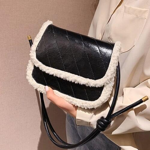Luxury Wool And PU Leather Joint Shoulder Bag Women 2021 Fashion Winter Crossbody bag Top Quality Handbags Messenger Bags Female