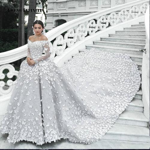 Luxury Dubai Ball Gown Wedding Dress 2020 Long Sleeves Bride Dress Lace 3D FLower Royal Train Bridal Gown Plus Size Custom Made