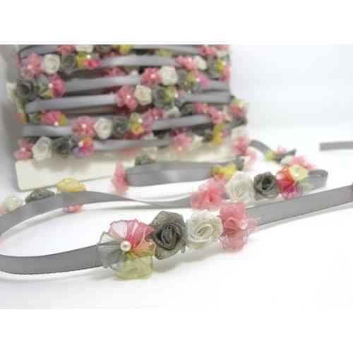 Grey & Pink Flower Rococo Ribbon Trim|Decorative Floral Satin Ribbon|Scrapbook Materials|Clothing|Decor|Craft Supplies