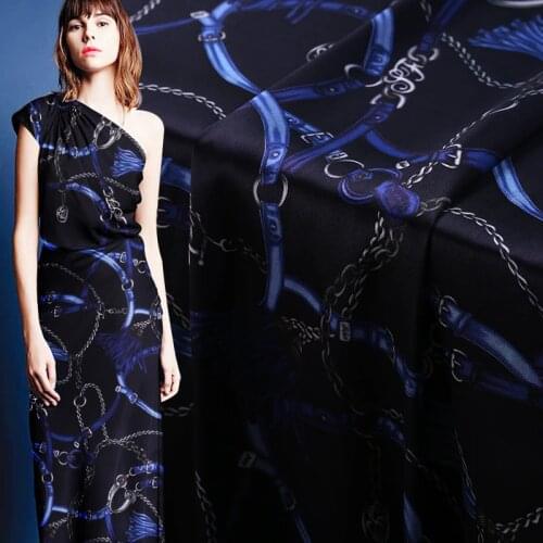 Blue bottom chain digital painting stretch satin silk fabric for summer dress bazin riche getzner telas tecido tissus au metre