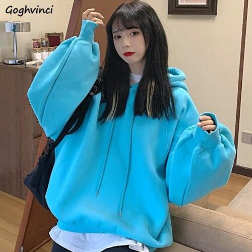 Hoodies Women Solid Hooded Simple Sweet Oversize Loose Womens Hoodie High Street All-match Plus Velvet Harajuku Lantern Sleeve