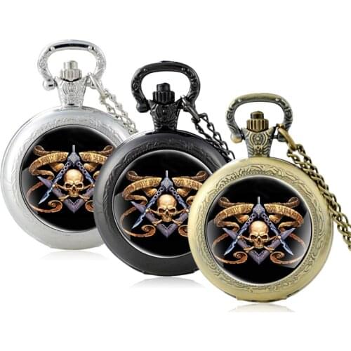 Vintage Skeleton Freemason Glass Cabochon Quartz Pocket Watch Retro Men Women Pendant Necklace Chain Hours Clock