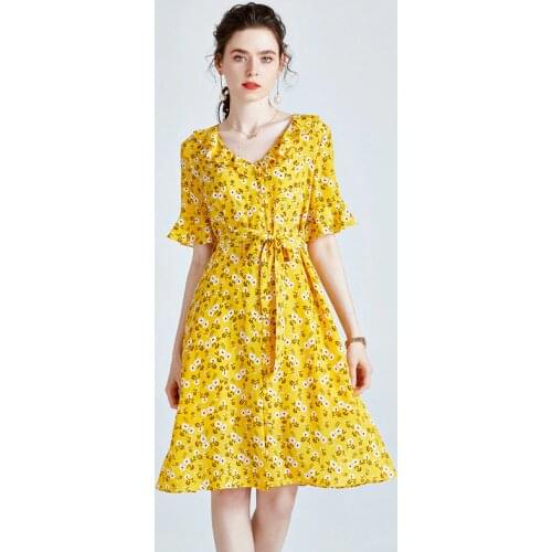 Yellow Print White Floral Silk Dresses Women Fashion 2021 Summer Long Casual Sexy Office Work Daily Dress Plus Size Slim Belt