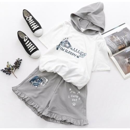 Cute Cat Printing Womens Summer 2 Pieces Set: Hooded Short Sleeve T-Shirt + Ruffles Trim Shorts Sweet Mori Girl Student