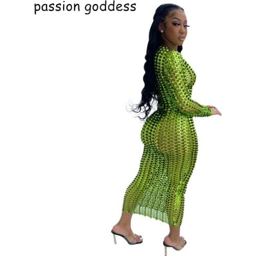 Women Long Sleeve Summer Sexy Hollow Out Long Maxi Dress Bodycon Green Street Wear Female Dress 2021 Club Party Bling Long Dress