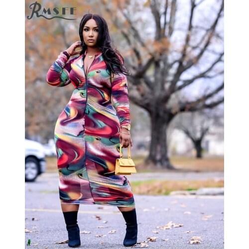 RMSFE 2021 European And American Womens Long Sleeve V-Neck Zipper Printing One-Step Long Skirt Large Size Sexy Dress