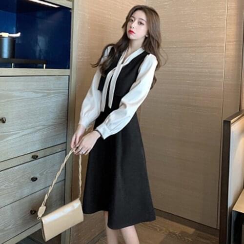 Autmn Plus Size Patchwork Cordury Dresses For Women 2021 Elegant Vintage Knee Length Lace Up Long Sleeve A Line Dress Ladies