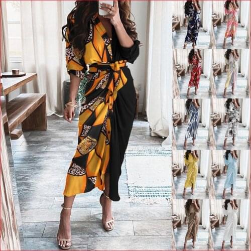 Elegant Vintage Autumn Dresses 2021 Womens Striped Leopard Print Bandage Button Shirt Long Dress Vestidos De Mujer Casual Robe