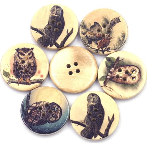 10Pcs Mixed Owl Pattern Round 4 Holes Wooden Sewing Buttons Crafts Ornaments Scrapbook Clothes Making Accessories 30mm (1 1/8")