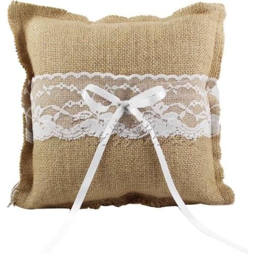 2015 New Burlap Hessian Lace Ring Pillow for Bridal Wedding Decoration Product Supplies Fashion Ring Pillow 20*20cm