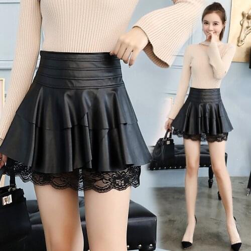 2020 Lace high waist leather skirt lades big size thin pleated skirt PU puff skirt