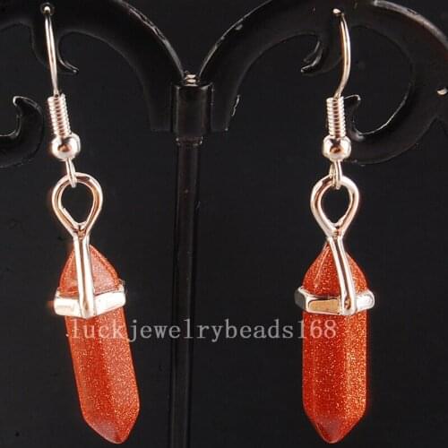 Free Shipping Women Fashion Jewelry Goldstone Hexagonal Reiki Chakra Beads Dangle Earring Pair C4159