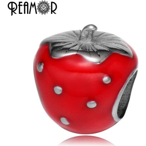 REAMOR Pan Style 316l Stainless steel Enamel Red Strawberry Beads Spacer Beads for Jewelry Making Wholesale Bracelet Beads