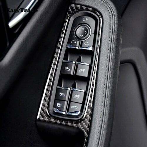 For Porsche Macan Accessories Carbon Fiber Car Door Armrest Panel Frame Cover Auto Window Switch Glass Lift Button Sticker 4 Pcs
