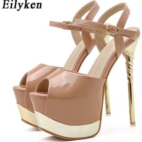 Eilyken High Quality Patent Leather Open Toe Thick Bottoms Platform Sandals Fashion Ankle Buckle Strap Metal Stiletto Heel Shoes