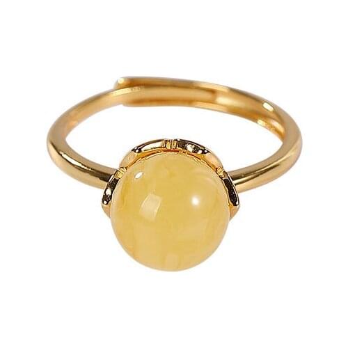 S925 sterling silver gold plated natural amber ring personality affordable luxury plum blossom round beads temperament ring