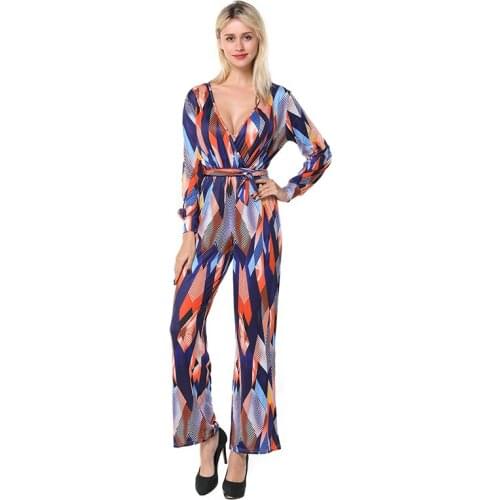 Bigsweety Fashion Geometric Printed Rompers Sexy Summer Wide Leg Pants Long Sleeve V-Neck Overalls Casual Jumpsuit With Belt