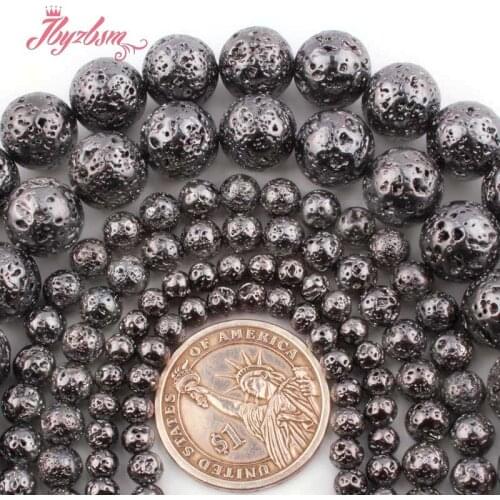 6,8,10,12mm Round Sponge Black Plated Volcanic Lava Rock Stone LooseBeads For Necklace Bracelat Jewelry Making 15" Free Shipping