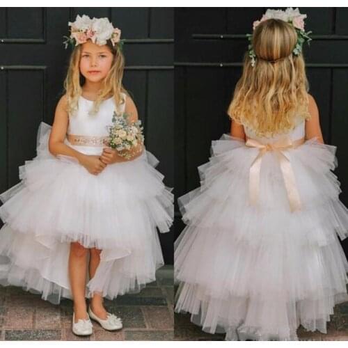 High Low Cute Flower Girls Dresses for Weddings Tiered Baby Girl First Communion Lace Dresses Party Birthday Gown