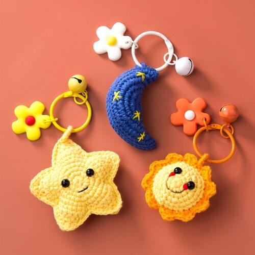 Cute Handmade DIY Weaving Stars Moon Keychain Charms Llavero Auto Mujer Sunflower Knitted Pendant Couple Gift Phone Charm