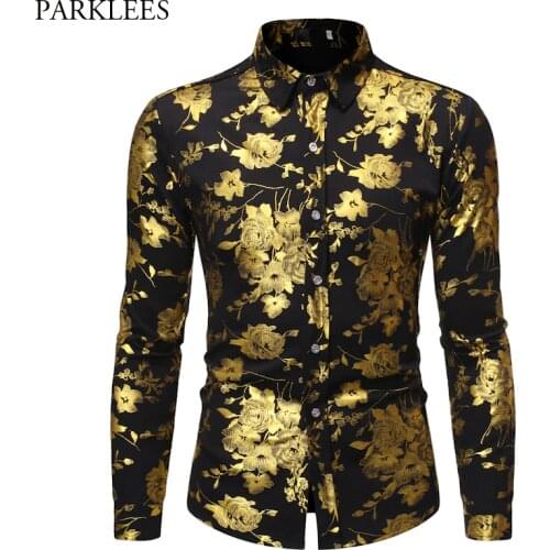 Mens Golden Rose Luxury Design Dress Shirts 2019 Autumn New Slim Fit Button Down Flowered Printed Stylish Party Club Shirt S-XL