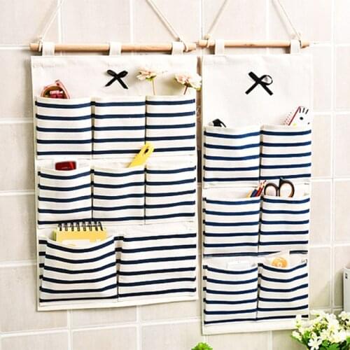 Stripe Cloth Cotton And Linen Wall Mounted Wardrobe Organizer Sundries Storage Bag Jewelry Hanging Wall Pouch Hang Organizer
