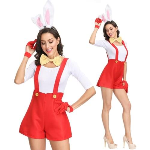 New cute Easter Bunny girl women sexy uniform adult red white rabbit Ears cosplay costumes Halloween Carnival Club Party Dress