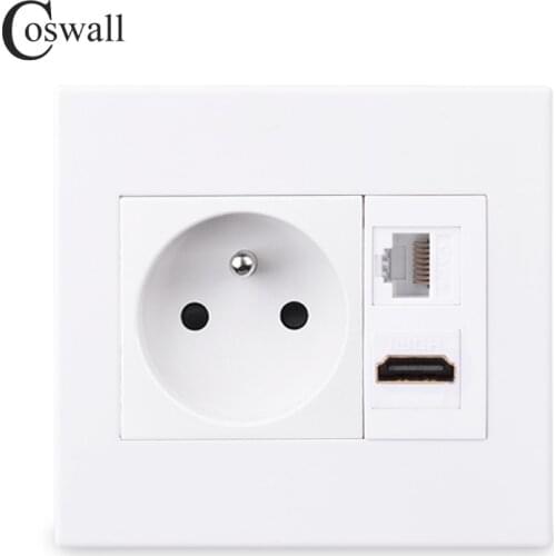 Coswall PC Panel French / Polish Wall Socket Grounded + Female to Female HDMI-compatible 2.0 Port + CAT6 RJ45 Internet Outlet