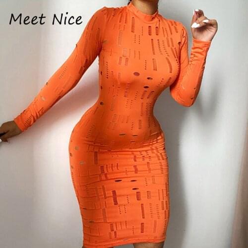 Sexy Orange Black Long Sleeve Dress Cut Out Knee Length Bodycon Dress Woman Party Night Club Dresses Summer Robe