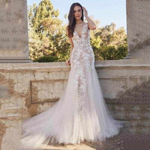 Eightree Ivory Mermaid Wedding Dresses Sexy Deep V Neck Lace Appliques Backless Beach Boho Wedding Gown Bridal Dress Custom Size