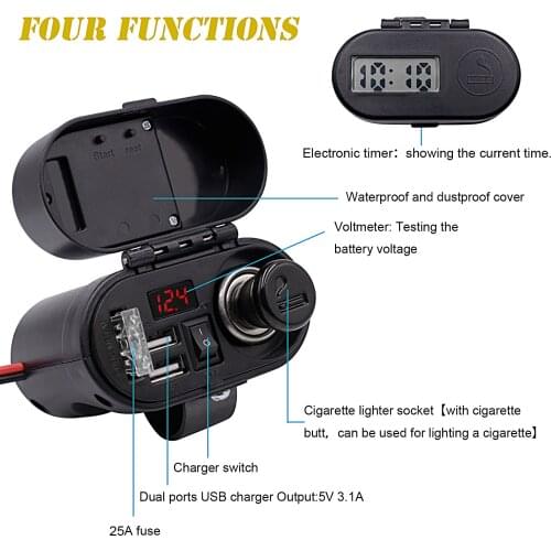 Motorcycle Cigarette Lighter Socket Dual USB Quick Charger Voltmeter Digital Clock Switch Control Waterproof OCP