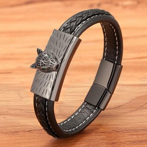 Luxury Animal Cheetah Head Stainless Steel Bracelet For Men Charm CZ Zirconia Jewelry Magnetic Clasp Design Punk Leather Bangle