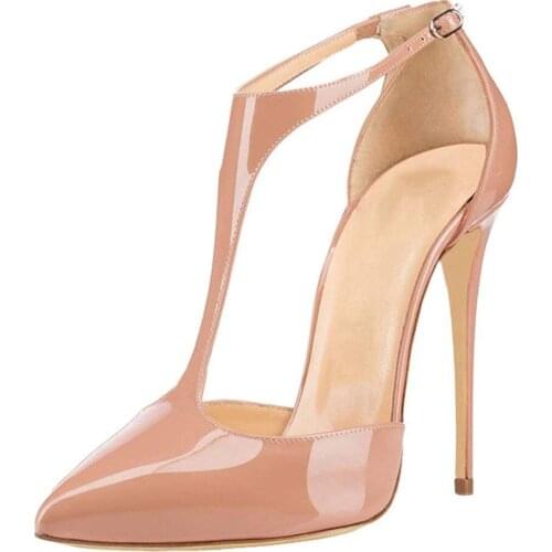 Summer Fashion Sandals Womens T-Strap Pointed Toe Solid Ankle Strap Buckle High Heels Patent Leather Pumps Sandals Women Shoes