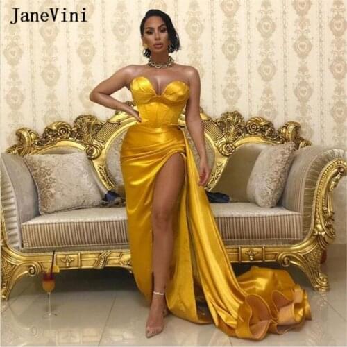JaneVini Sexy Golden African Long Evening Dresses Plus Size 2020 Strapless Satin Side Slit Floor Length Evening Gowns for Women