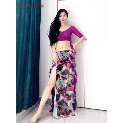 Belly Dance Customized Sexy Mesh Half Sleeves Top+Floral Skirt 2pcs Bellydancing Suit Oriental Dance Practice Set Dance Outfit
