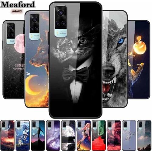 Glass Case For Vivo Y31 2021 Cover 6.58" Shockproof Tempered Glass Hard Phone Case For Vivo Y31 Y 31 2021 Case Fundas Cat Bumper