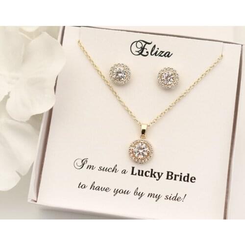 Custom name Rose Gold Wedding Jewelry Set, Halo Bridal Earrings + Necklace + Bracelet Gift Set, Mother of The Groom Gift Set