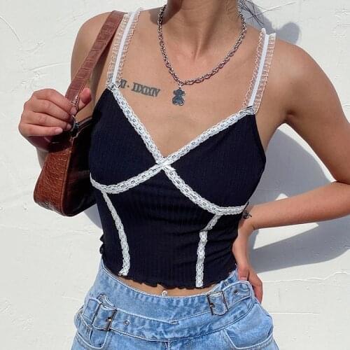 Spaghetti Strap V Neck Cropped Women Tops Camis Fashion Lace Patchwork Summer Sexy Top Y2K Backless Clothes Crop Top